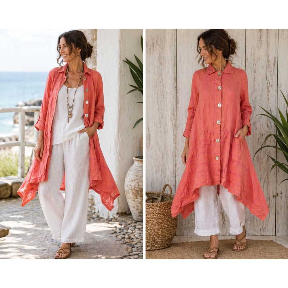 West Love Linen Lagenlook Tunic Dress Jacket Coral Orange Art To Wear Small